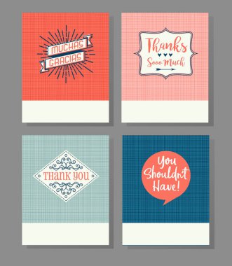 Dört teşekkür ederim tebrik kartları keten arka plan dokusu ile ayarlayın. Düzenlemek kolay. Vektör çizim.