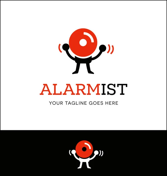 Logotipo o icono de diseño de una alarma de incendio con brazos y piernas, golpeándose en la cabeza. Concepto de alarmista, advertencia, noticias de última hora. Ilustración vectorial . — Vector de stock