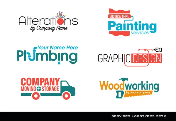 Conjunto de logotipos tipográficos para diversos servicios. fontanería, carpintería, diseño gráfico, pintura, movimiento, almacenamiento y alteraciones de costura — Vector de stock