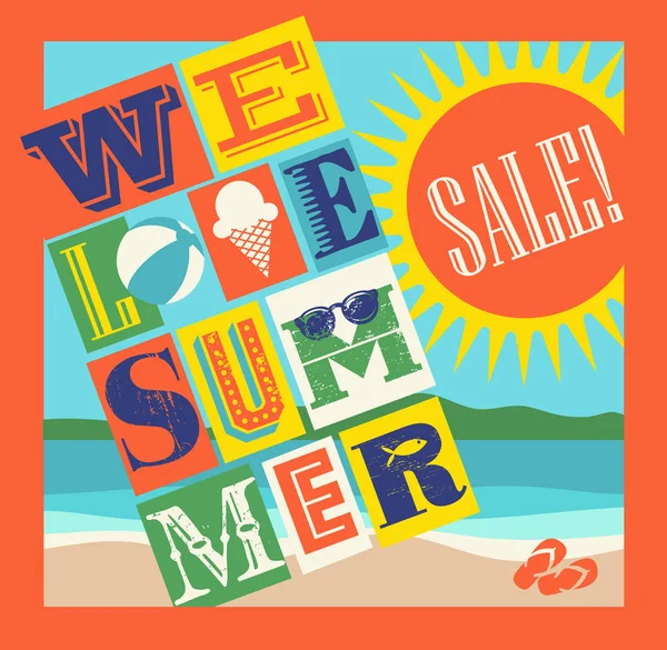 Banner de venda de verão. tipografia colagem carta colagem colorido com praia e sol para páginas da web, cartazes, publicidade. Adoramos o verão . — Vetor de Stock