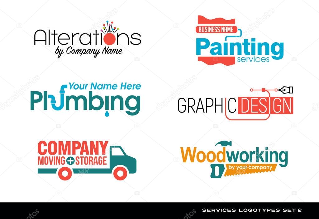 Set of typography logos for various services. plumbing, woodworking, graphic design, painting, moving, storage and sewing alterations