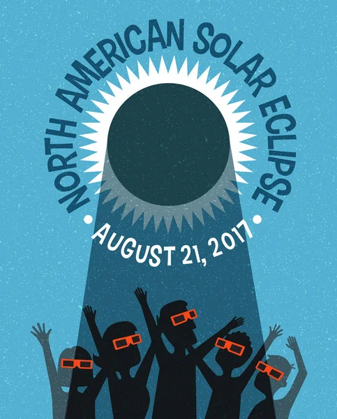 La gente celebra ver el eclipse solar con gafas protectoras. banner vectorial, tarjeta o ilustración de póster . — Archivo Imágenes Vectoriales