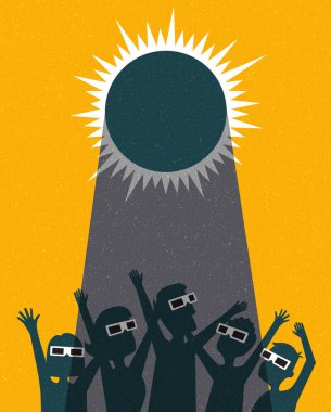 People celebrate watching the solar eclipse with protective glasses. poster template, web banner, or card. retro vector illustration. clipart