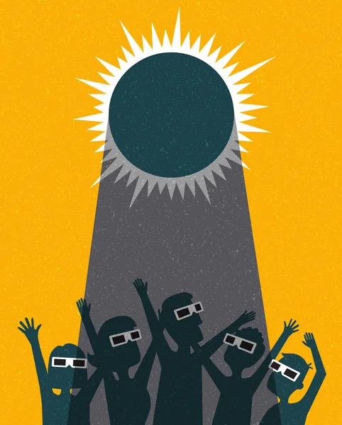 La gente celebra ver el eclipse solar con gafas protectoras. plantilla de póster, banner web o tarjeta. ilustración retro vector . — Archivo Imágenes Vectoriales