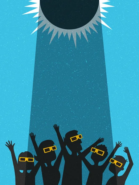 La gente celebra ver el eclipse solar con gafas protectoras. plantilla de póster, banner web o tarjeta. ilustración retro vector . — Vector de stock