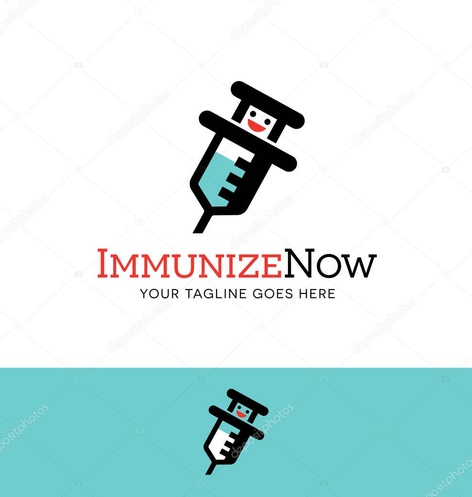 Syringe character logo or icon design. Concept for immunizations, medicine or pharmacy. Vector illustration.