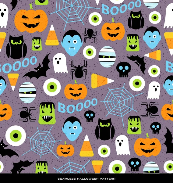 Naadloze patroon van diverse leuke halloween pictogrammen. Voor stoffen, inpakpapier, web achtergronden, decoratie. — Stockvector