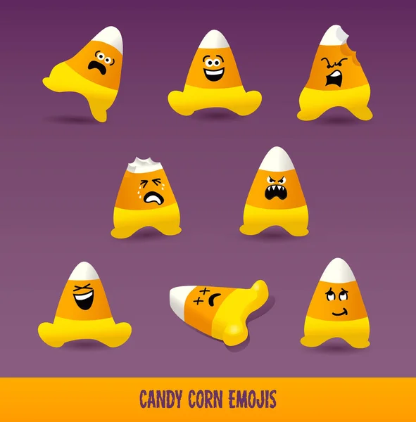 Set of Cute Candy Corn emojis. Elemen desain Halloween untuk kartu ucapan, poster, spanduk . - Stok Vektor