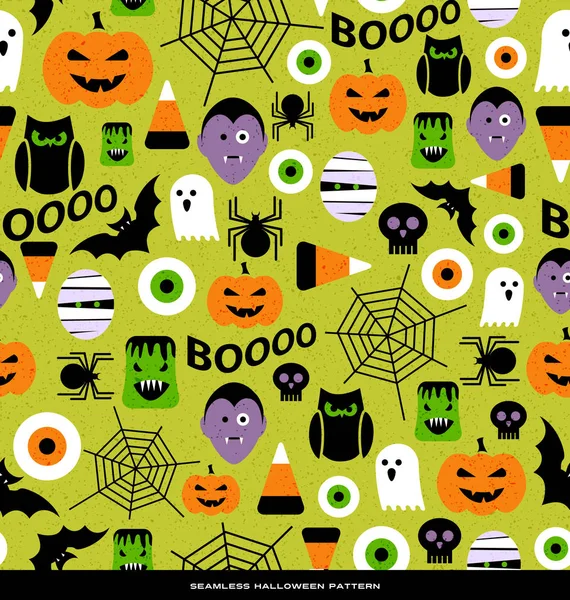 Naadloze patroon van diverse leuke halloween pictogrammen. Voor stoffen, inpakpapier, web achtergronden, decoratie. — Stockvector