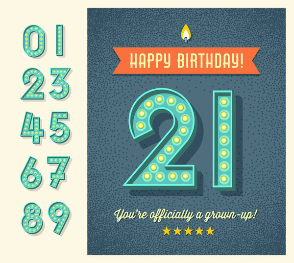 Retro birthday greeting card or web banner design with full set of light bulb display numbers. easy to edit.