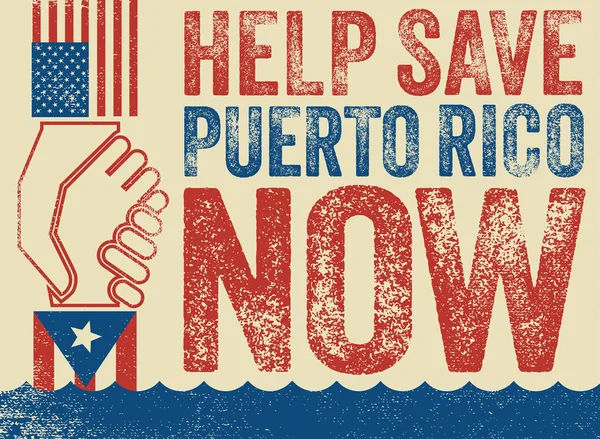 Diseño tipográfico instando al alivio de huracanes para Puerto Rico. Mano americana levantando la mano puertorriqueña. Concepto de ayudar o salvar a las víctimas . — Archivo Imágenes Vectoriales