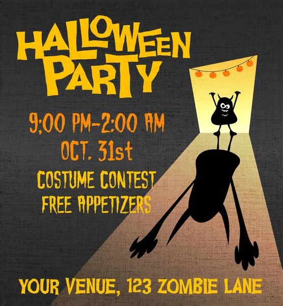 Halloween party poster sjabloon met kleine monster gieten grote enge schaduw. — Stockvector