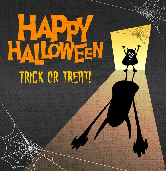 Fröhliche Halloween-Design-Vorlage mit kleinem Monster, das riesige furchterregende Schatten wirft. — Stockvektor