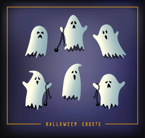 Set van zes halloween geesten met verschillende poses en uitdrukkingen. Vectorillustratie — Stockvector