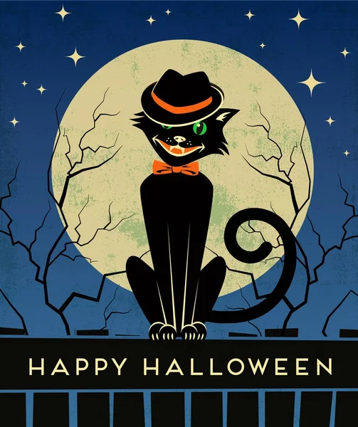 Tarjeta de Halloween de estilo vintage con elegante gato trasero y luna llena. Ilustración vectorial . — Vector de stock