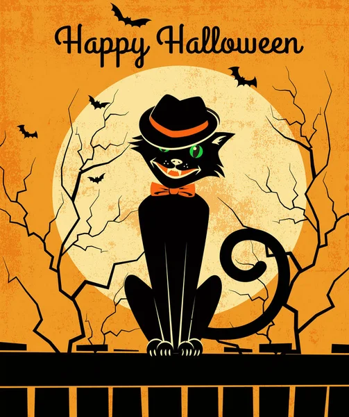 Tarjeta de Halloween de estilo vintage con elegante gato trasero y luna llena. Ilustración vectorial . — Vector de stock