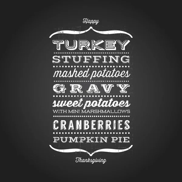 Happy Thanksgiving kort med menyn lista över typiska mat serveras på Thanksgiving middag. Diverse retro typsnitt med svart griffeltavla bakgrund — Stock vektor