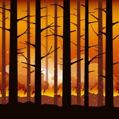 Yanan orman yangını siluet yanmış ağaçlarla. Doğal afet. Vektör çizim.