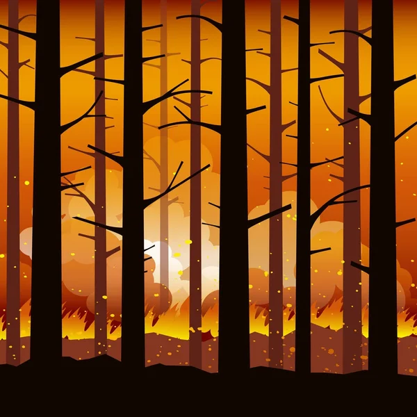 Brennender Waldbrand mit verkohlten Bäumen in der Silhouette. Naturkatastrophe. Vektorillustration. — Stockvektor
