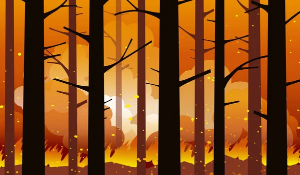 Incendio forestal ardiente con árboles carbonizados en silueta. Un desastre natural. Ilustración vectorial . — Vector de stock