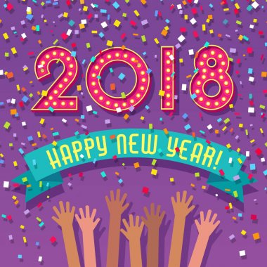 2018 Happy New Year card with marquee numbers, confetti and people celebrating. clipart