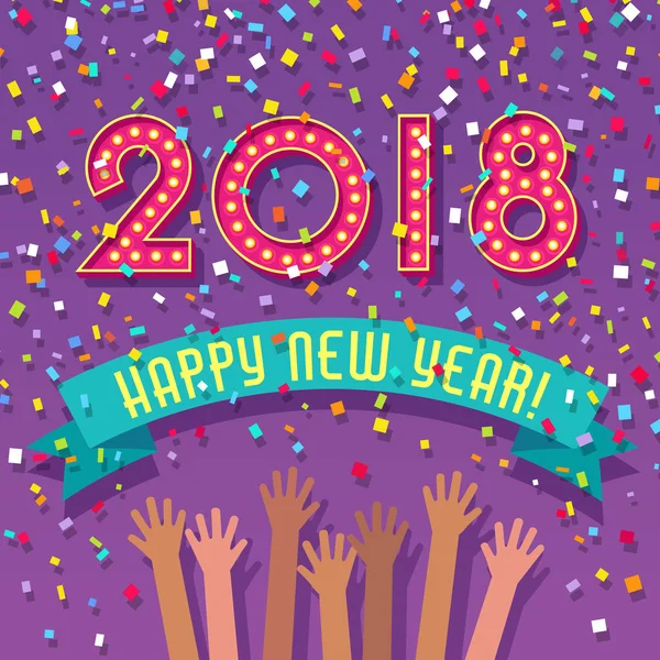 2018 boldog új évet kártya kijelölő számokat, konfetti és emberek ünnepli. — Stock Vector