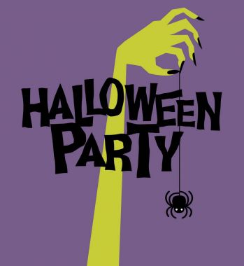 Kadar ulaşan ve ürpertici sallanan örümcek tutan retro zombi el. Posterler, afişler, kartları için şablon. Cadılar Bayramı partisi. Vektör çizim.