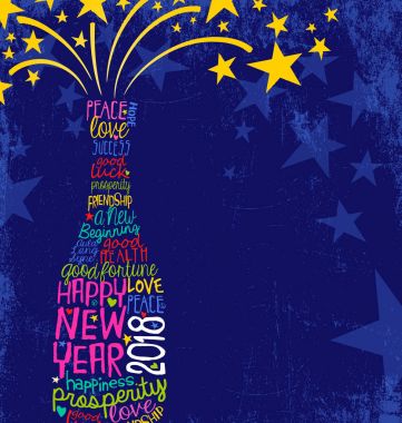 Mutlu yeni yıl 2018 tasarım. Yıldız patlama ilham verici karakterlerine ile soyut şampanya şişesi. Metin için yer ile mavi arka plan.