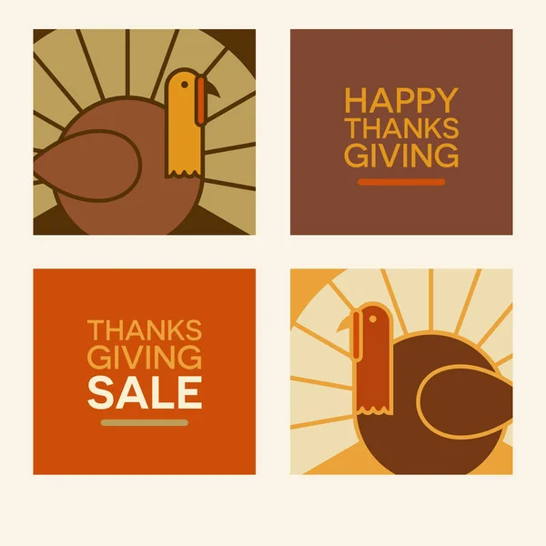 Happy Thanksgiving flat minimalist design elements. Abstract turkeys and text designs. For greeting cards, web banners, print. — Stock Vector