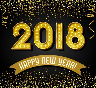 2018 mutlu yeni yıl tasarım ile altın ampul mektup, glitter ve flamalar.