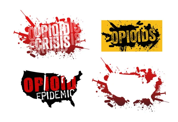 Set desain grunge dengan teks tentang krisis opioid atau epidemi di Amerika Serikat . - Stok Vektor