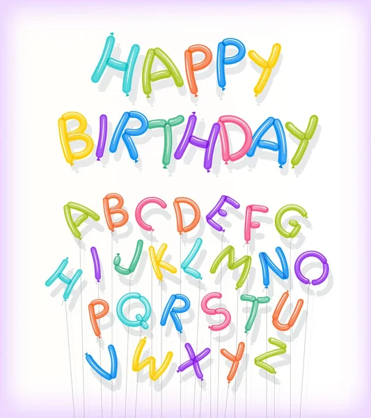 Happy Birthday omschreven in verwrongen ballonnen. Hele zwevende ballon alfabet op tekenreeksen bevat. Voor kaarten, banners, afdrukken. — Stockvector