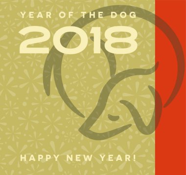 2018 yıl köpek mutlu yeni yıl tebrik kartı, poster, afiş tasarım. Tipografi ile yukarı köpek simgesi kıvrılmış.