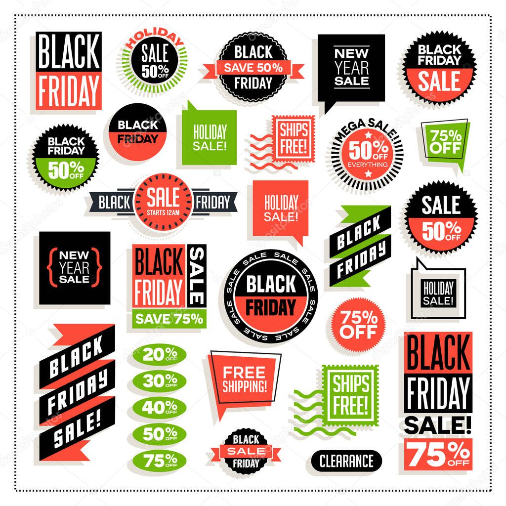 big set of banners and spot art for black Friday and holiday sales.