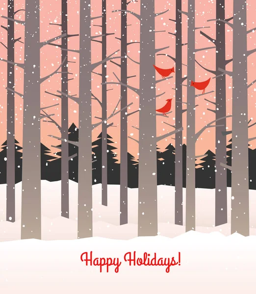 Kışın yağan kar ve Kardinaller nedir? Pembe bir arka plan üzerinde uzun çıplak ağaçlar. — Stok Vektör
