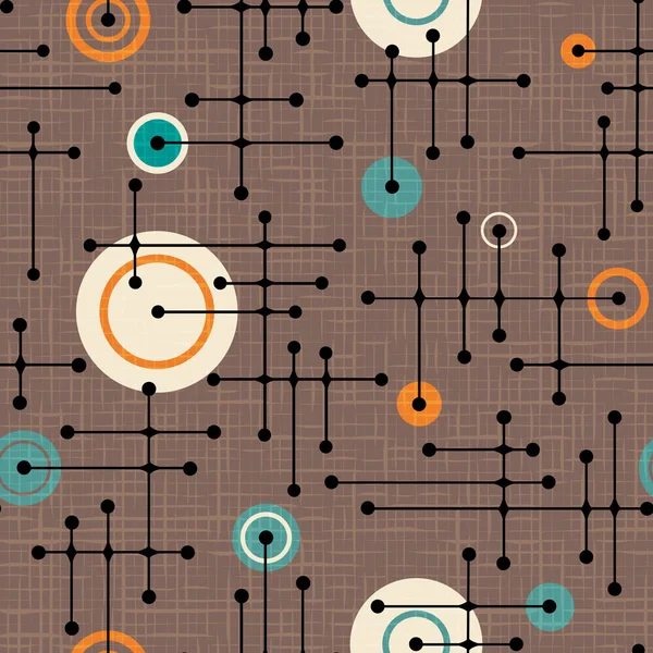 Seamless 1950s retro pattern of lines and circles for fabric design, wrapping paper, backgrounds. — Stock Vector