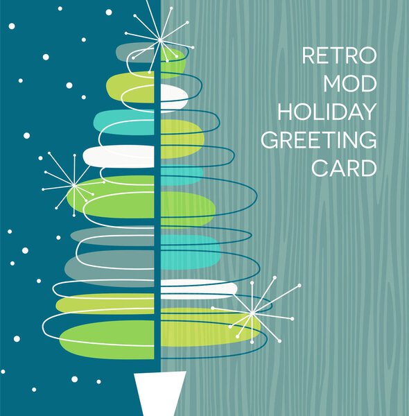 Holiday greeting card or invitation with retro abstract Christmas tree design. Space for text.