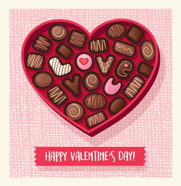 Heart Shaped Valentines Day Candy Box Chocolate Bonbons Spell Love — Stock Vector
