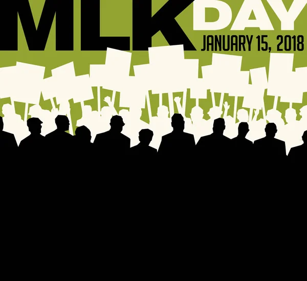 Poster or banner for Martin Luther King Day. Many people carrying signs at protest march. Event poster template. — Stock Vector