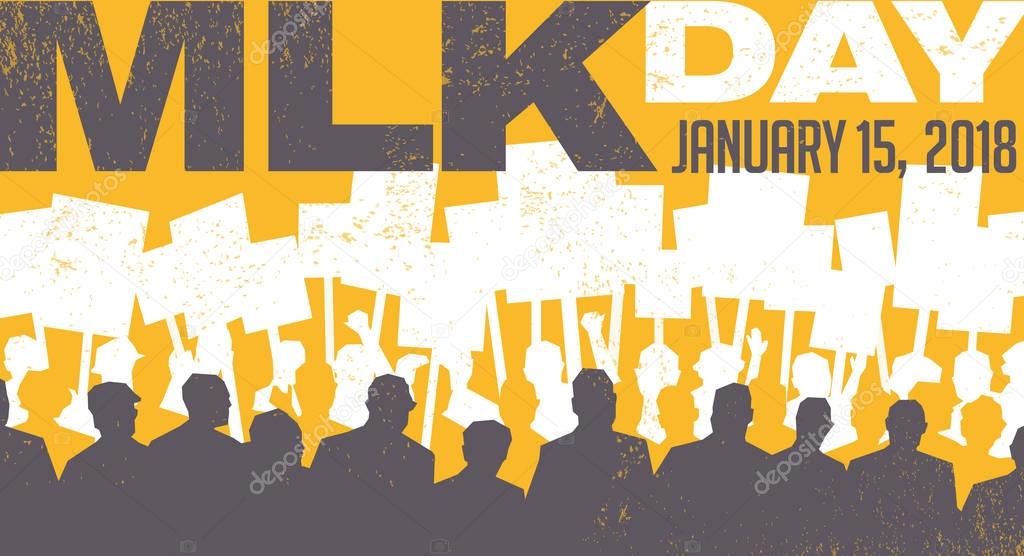Poster or banner for Martin Luther King Day. Abstract illustration of many people at protest rally.