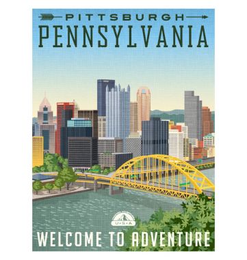 vintage style travel poster or luggage sticker of Pittsburgh Pennsylvania with river, bridge and skyline. clipart