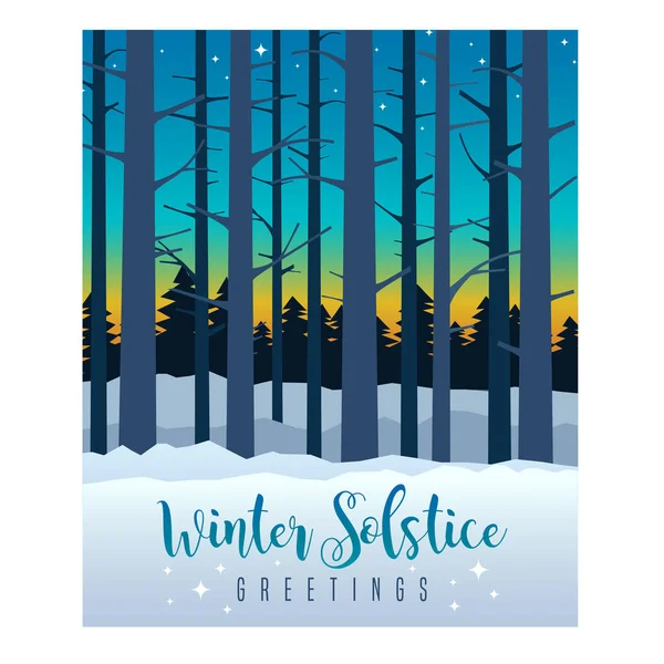 Winter Solstice Wenskaart Ontwerp Kleurrijke Avondlucht Met Zonsondergang Sterren Achter — Stockvector
