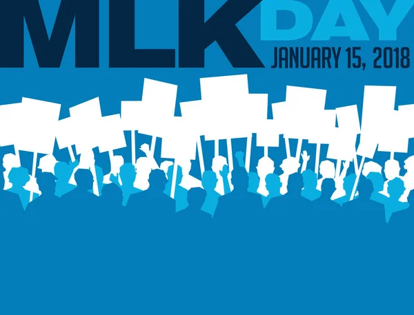 Poster or banner for Martin Luther King Day. Many people carrying signs at protest march. Event poster template. — Stock Vector