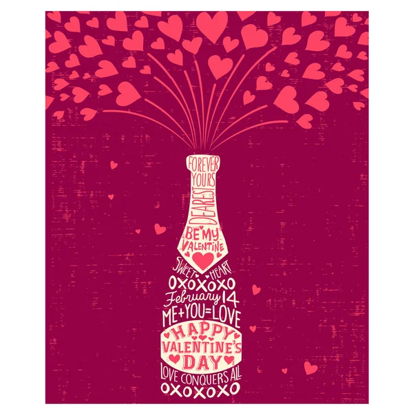 Feliz tarjeta de San Valentín con botella de champán, corazones y frases de amor escritas a mano. Ilustración vectorial . — Vector de stock