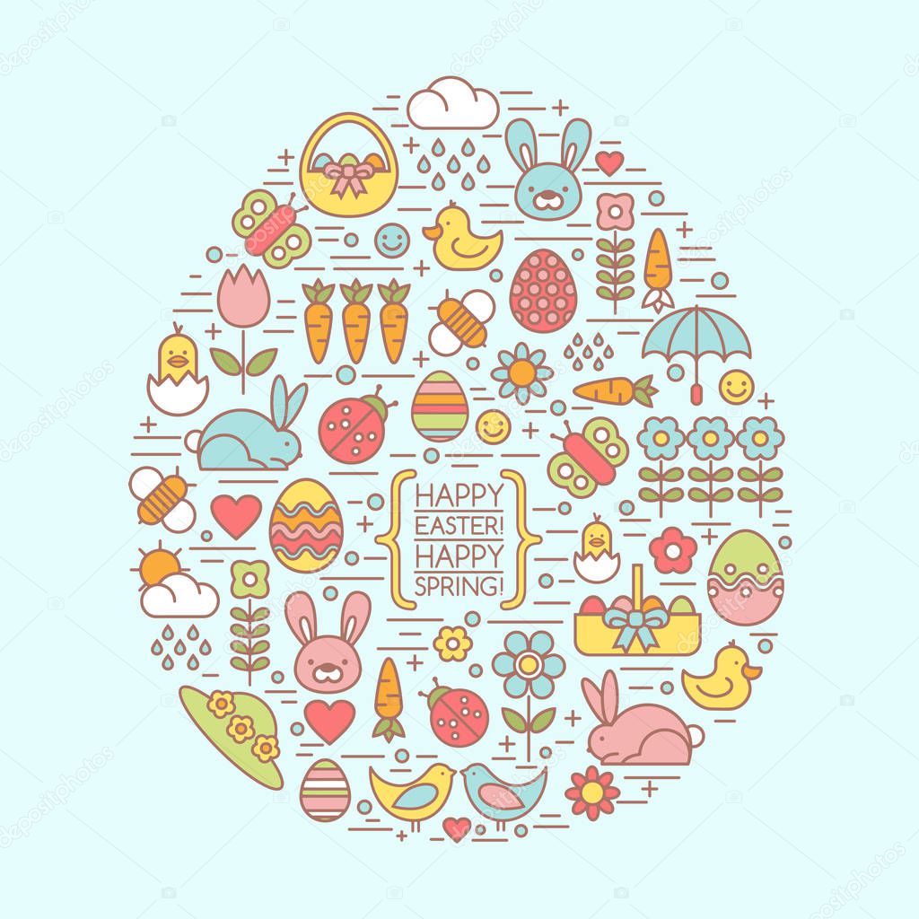 Flat outline easter and spring icons within an easter egg shape.