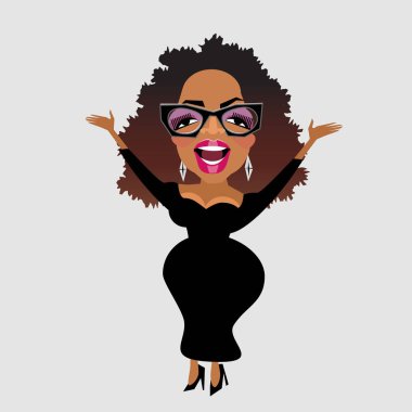 Ünlü ve hayırsever Oprah Winfrey resmi siyah elbise ve ağır gözlük karikatürü. 