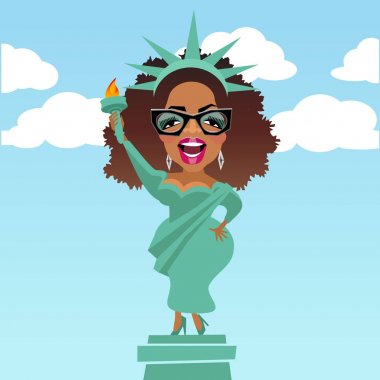 Ünlü ve hayırsever Oprah Winfrey karikatürü Özgürlük heykeli giyinmiş. 