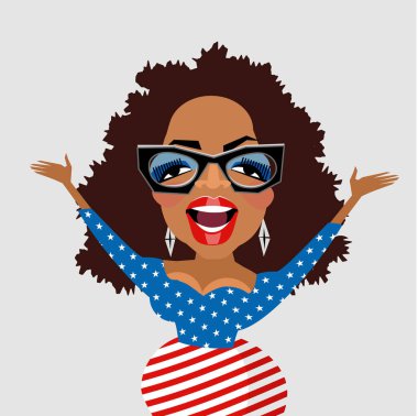 Ünlü ve hayırsever Oprah Winfrey bir Amerikan bayrağı elbiseli karikatürü. 