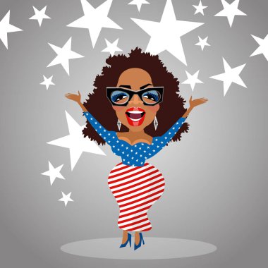 Ünlü ve hayırsever Oprah Winfrey bir Amerikan bayrağı elbiseli karikatürü. 