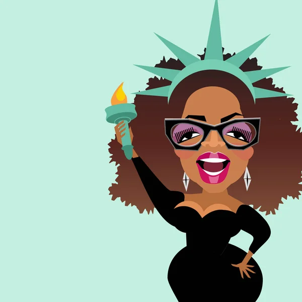 Caricatura de la celebridad y filántropa Oprah Winfrey vestida como la estatua de la Libertad . — Vector de stock